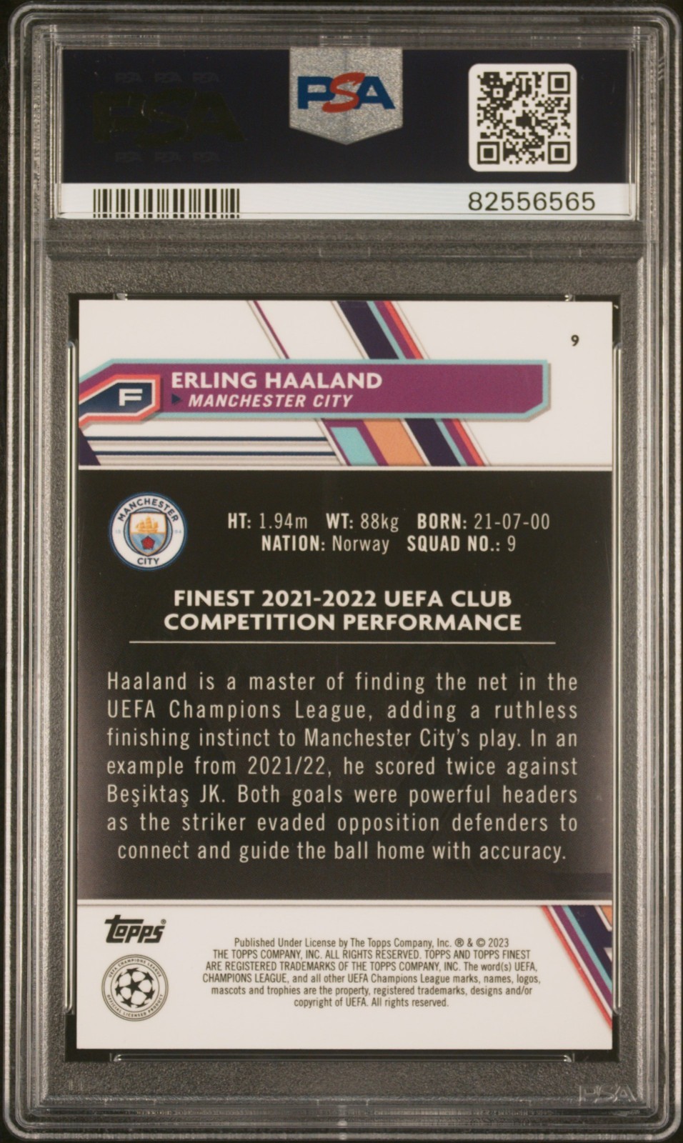 2022-23 Topps Finest Erling Halland Green 9/99 Kit Number Psa 9