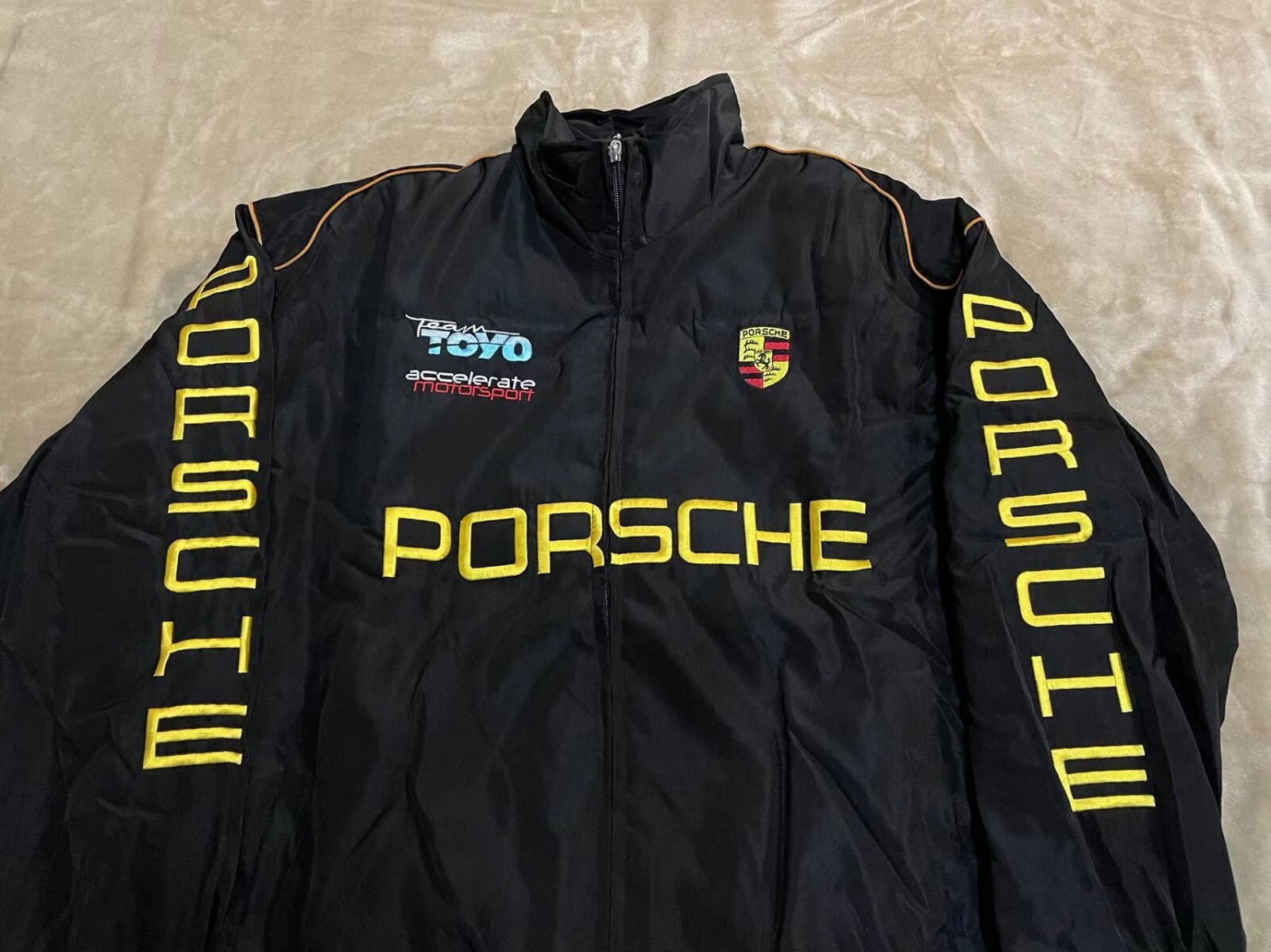 Unisex Adult Racing Black Jacket Embroidered Patches Cotton Padded Porsche M-2XL