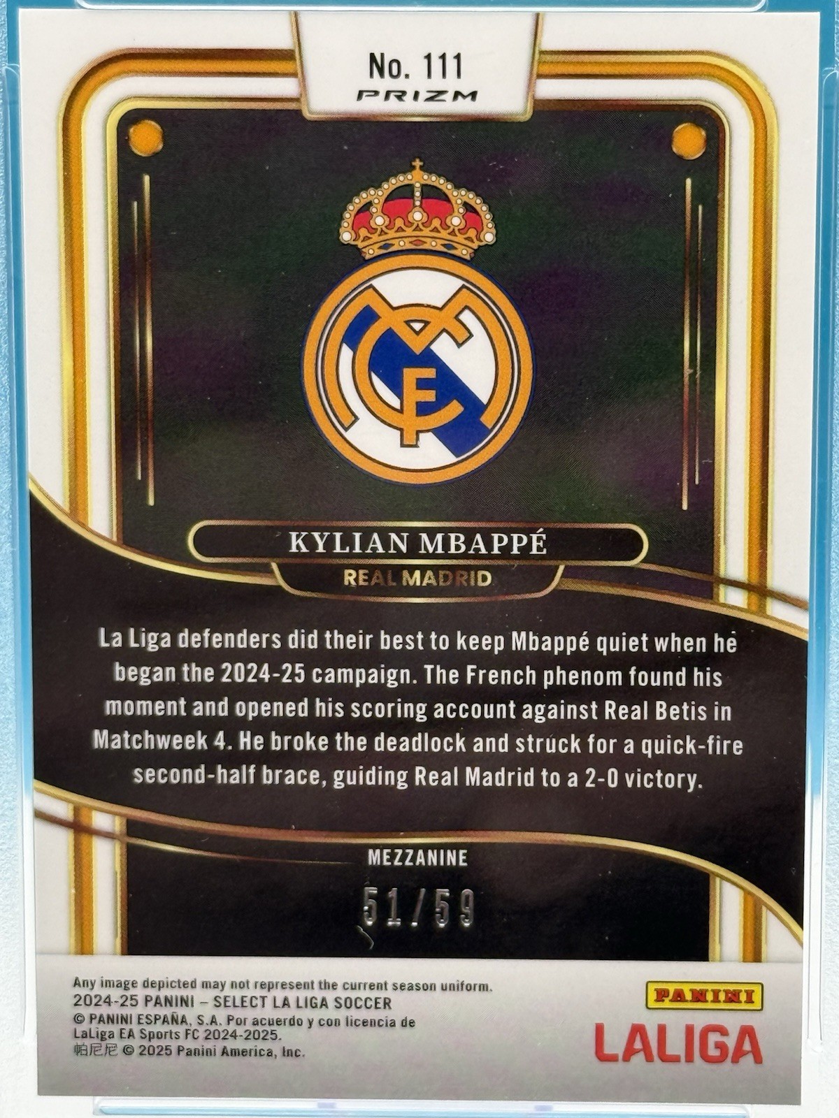 Panini 2024-25 Select La Liga Mezzanine Mbappé #111 Bronze Checker /59 PSA 10
