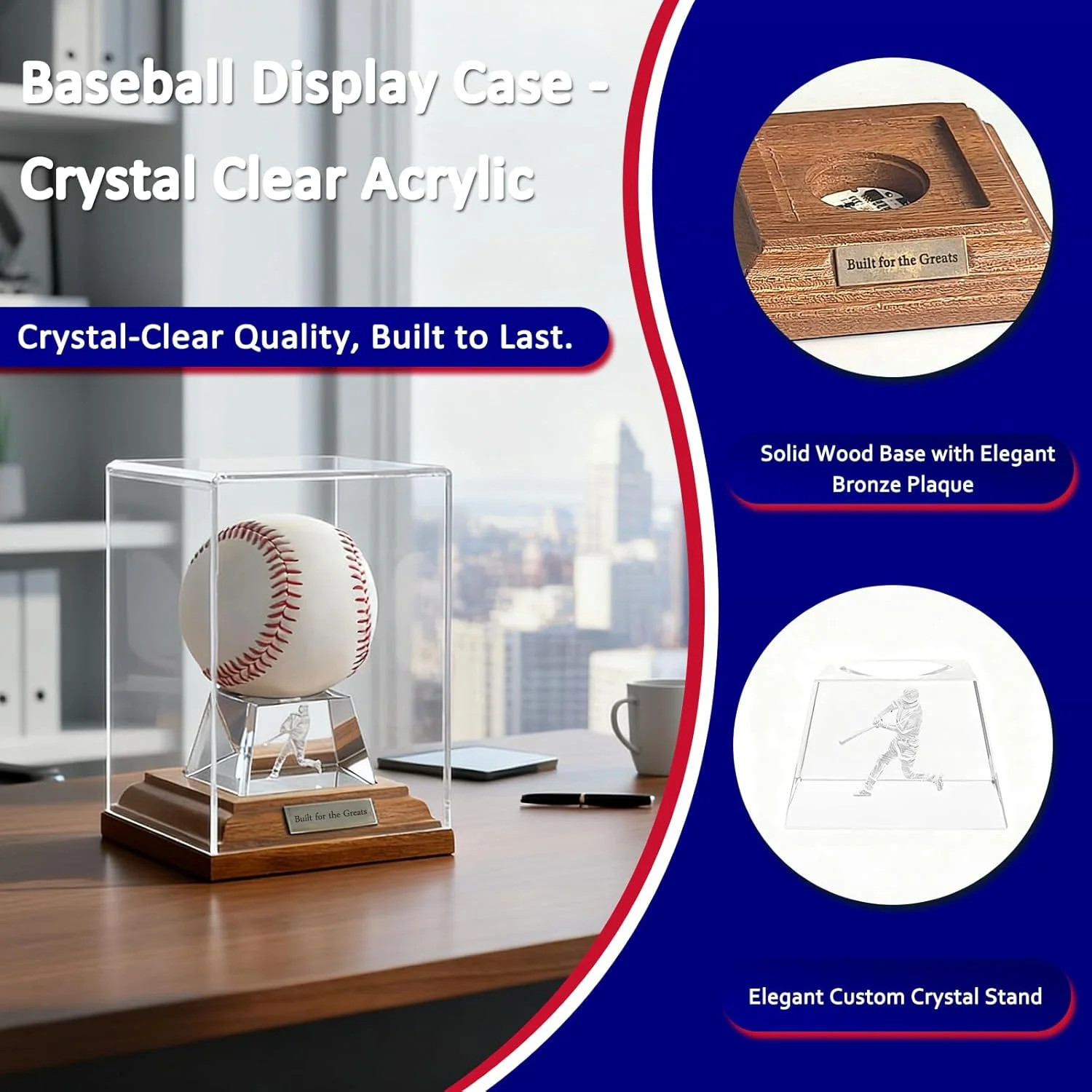 Baseball Display Case, Baseball Display Stand with LED Lights, Wooden Stand and