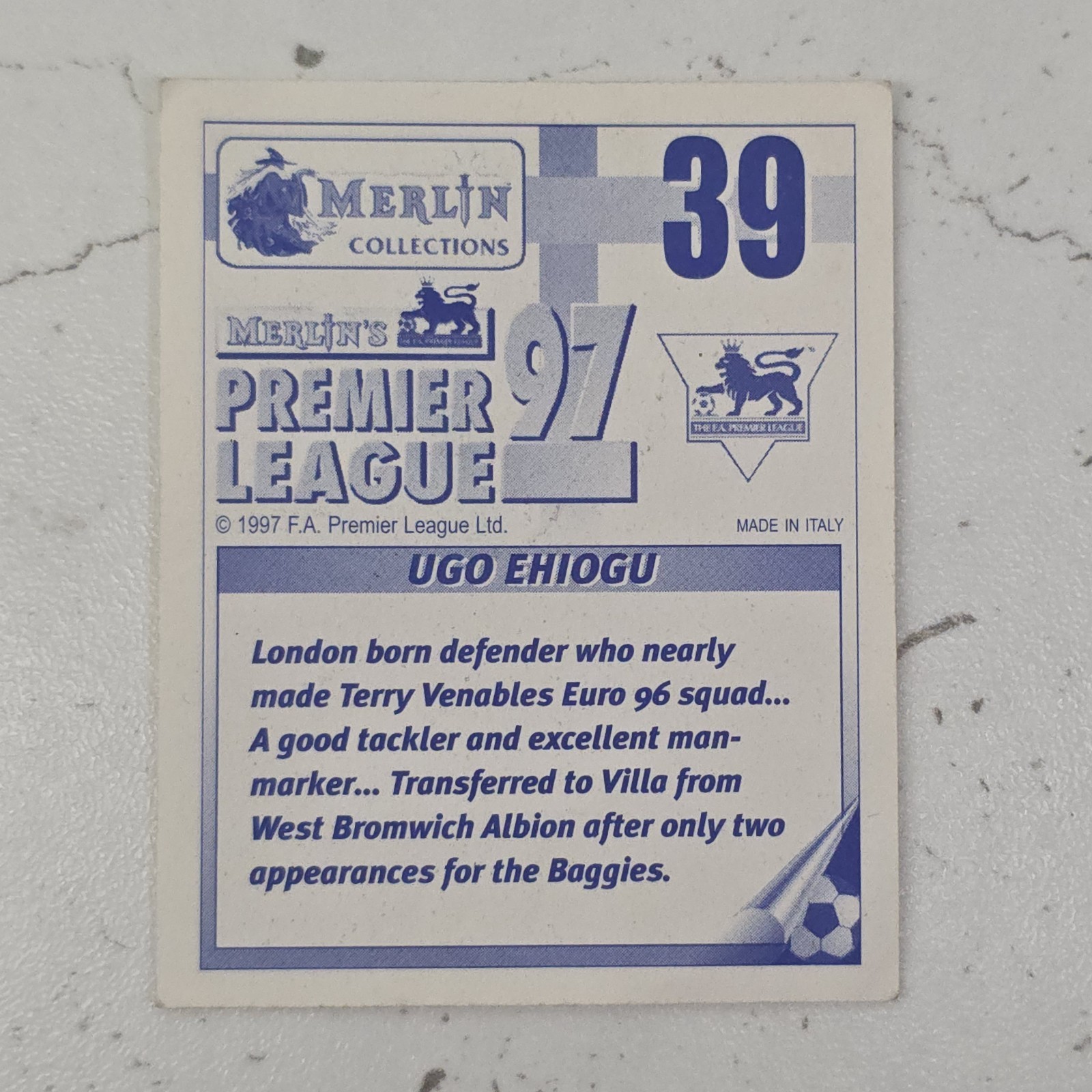 5 Merlin Premier League 97 Football Stickers Loose Non-Stuck Aston Villa Bundle