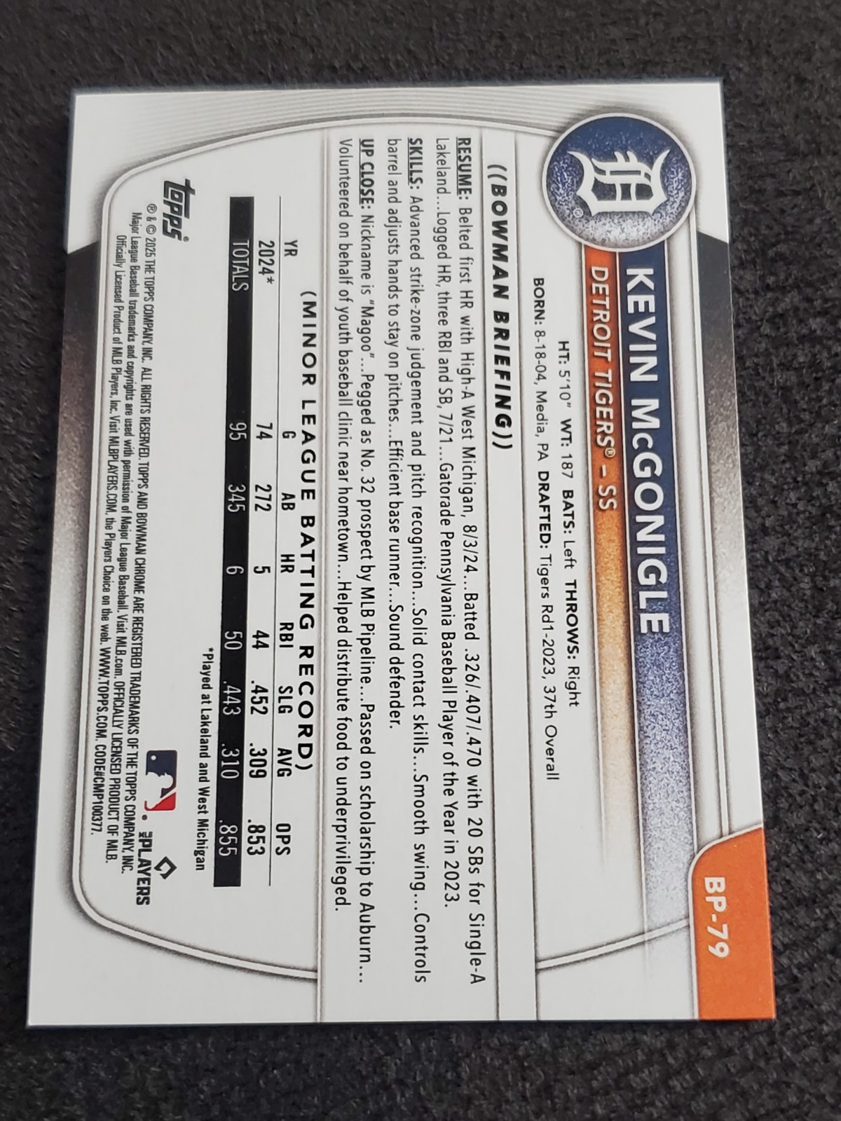 2025 Bowman Baseball – #BP-79 Kevin McGonigle 1st Paper – Tigers