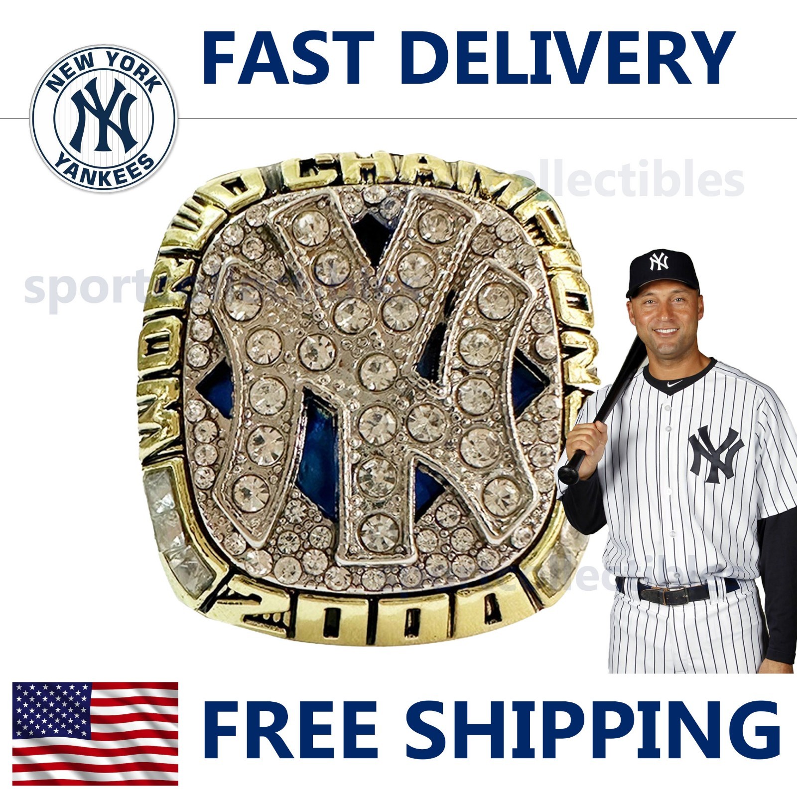 2000 NY Yankees World Series Ring – JETER #2 – Fan Gift – MLB Replica Ring