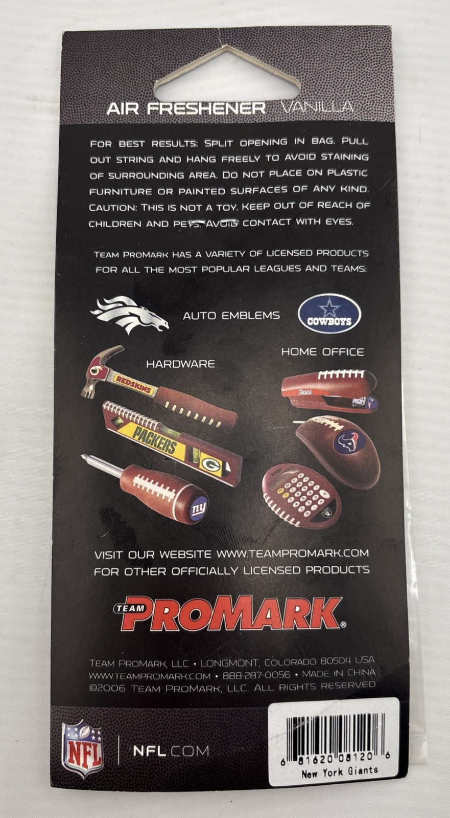Retro NFL New York Giants Vanilla Air Freshener, 2006. New