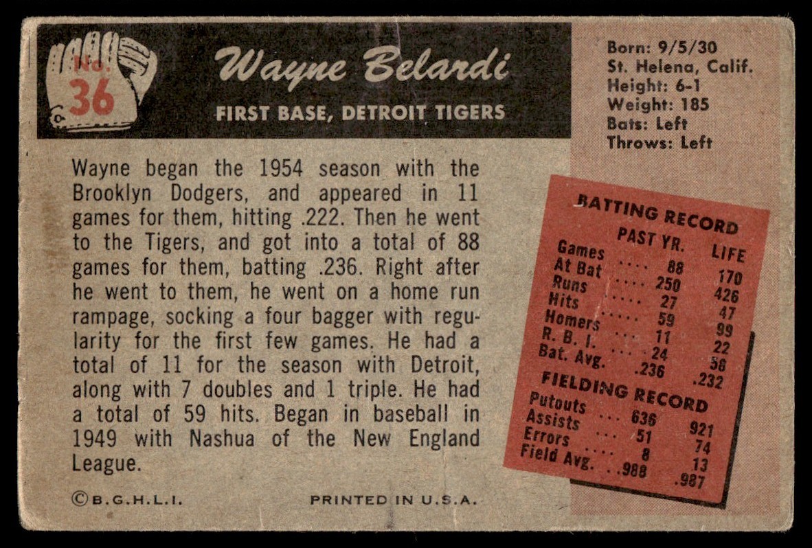 1955 Bowman Wayne Belardi Rookie Detroit Tigers #36
