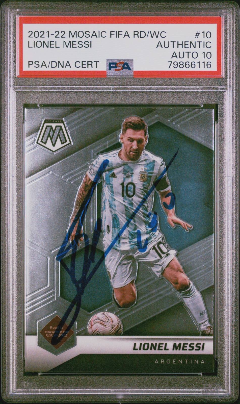 2021-22 Panini Mosaic FIFA World Cup Lionel Messi #10 PSA AUTO 10 AUTH