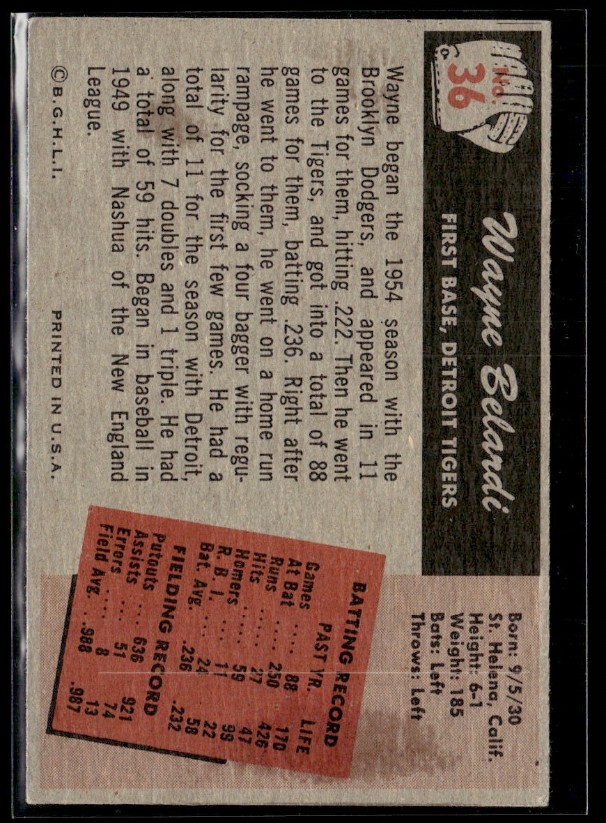 1955 Bowman Wayne Belardi Rookie Detroit Tigers #36