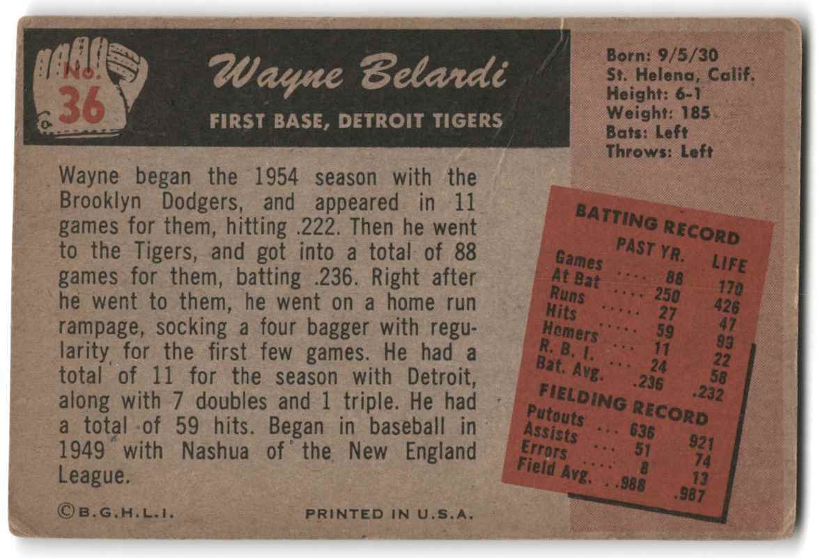 1955 BOWMAN RC VG-VGEX (CREASE) #36 WAYNE BELARDI