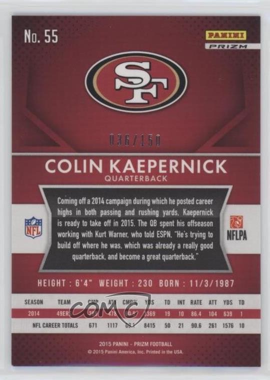 2015 Panini Prizm Blue Wave Prizm 36/150 Colin Kaepernick #55 x5u
