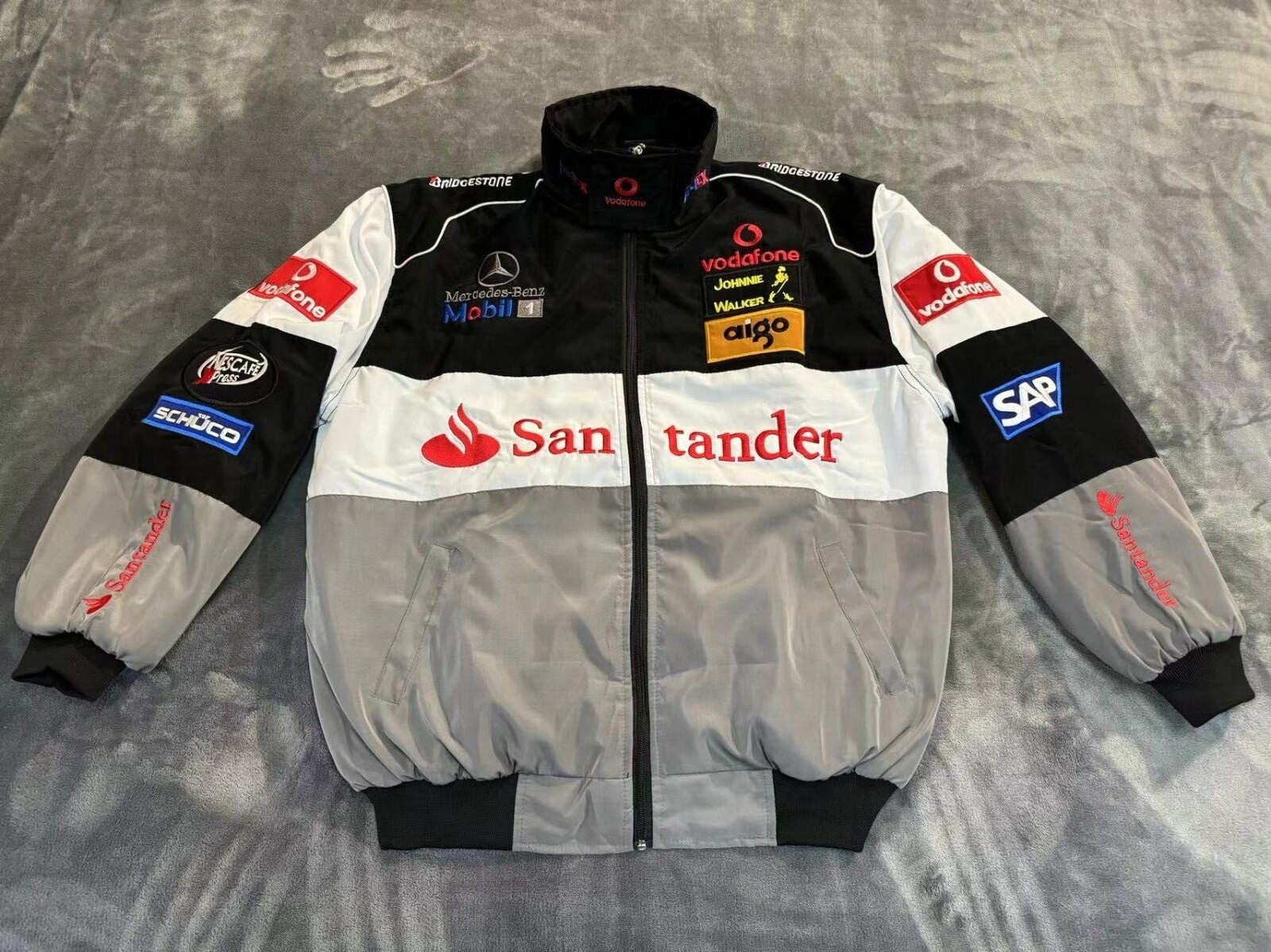 Unisex Adult Benz Jacket Grey Ebroidered Cotton Padded F 1 Racing Jacket