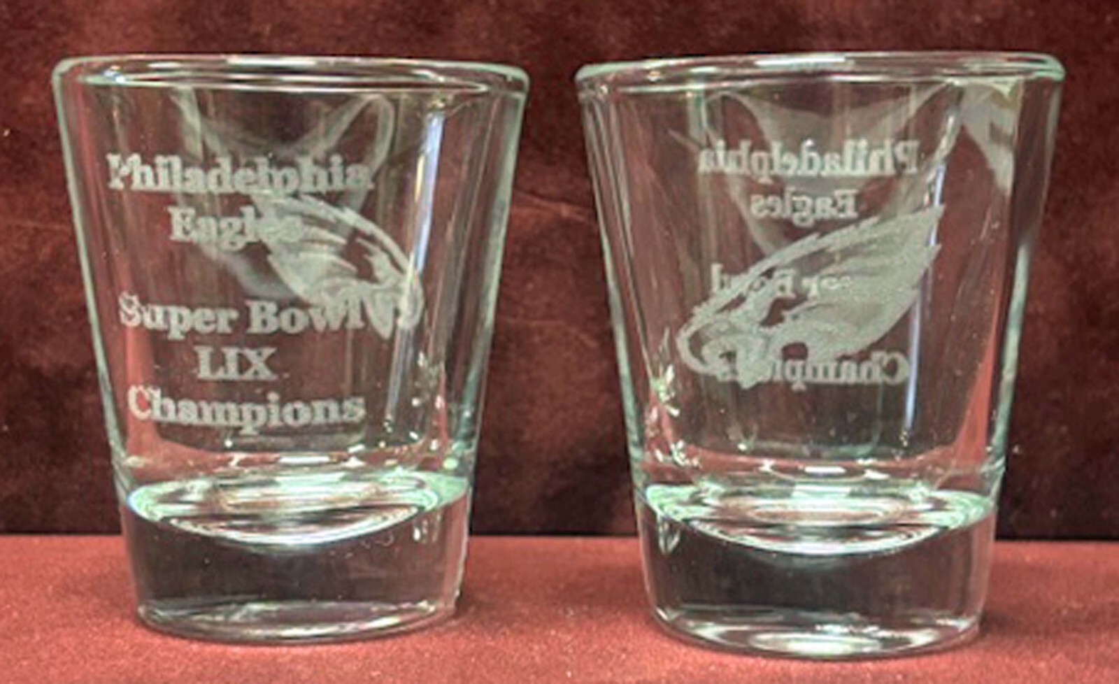 PHILADELPHIA EAGLES SET OF 2 SUPER BOWL LIX & LII CHAMPIONS 2 OZ SHOT GLASSES