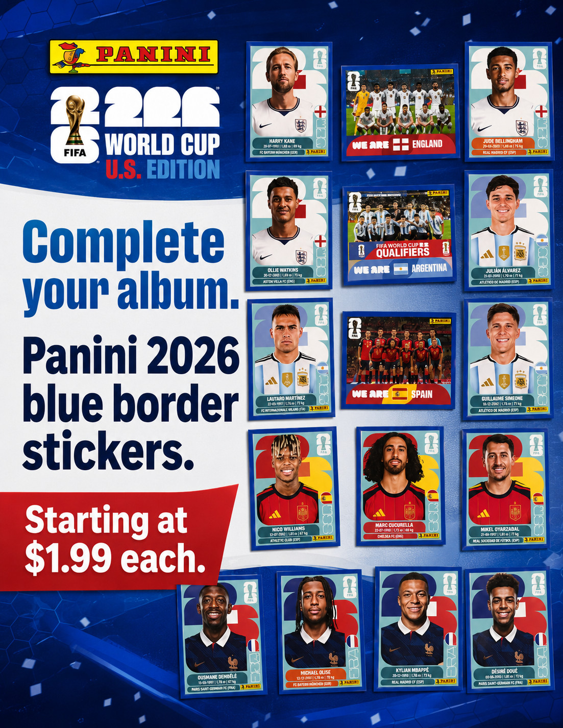 BLUE BORDER PANINI 2026 INDIVIDUAL STICKERS ALPHABETICALLY IRAN TO PANAMA