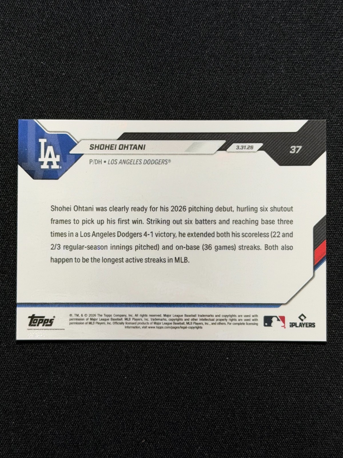 2026 Topps Now • Shohei Ohtani #37 • Shutout Start Scoreless Streak • LA Dodgers