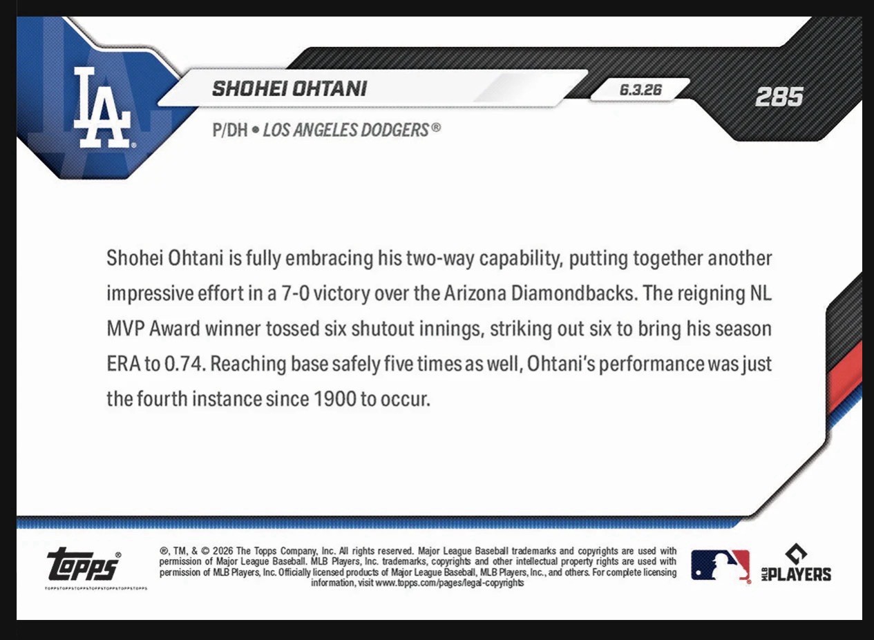 Shohei Ohtani Dodgers 2026 MLB Topps NOW Card 285 Presale