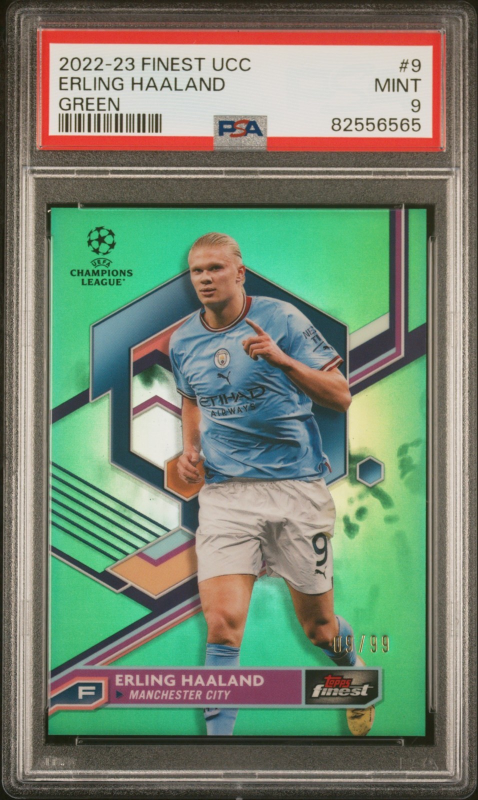2022-23 Topps Finest Erling Halland Green 9/99 Kit Number Psa 9
