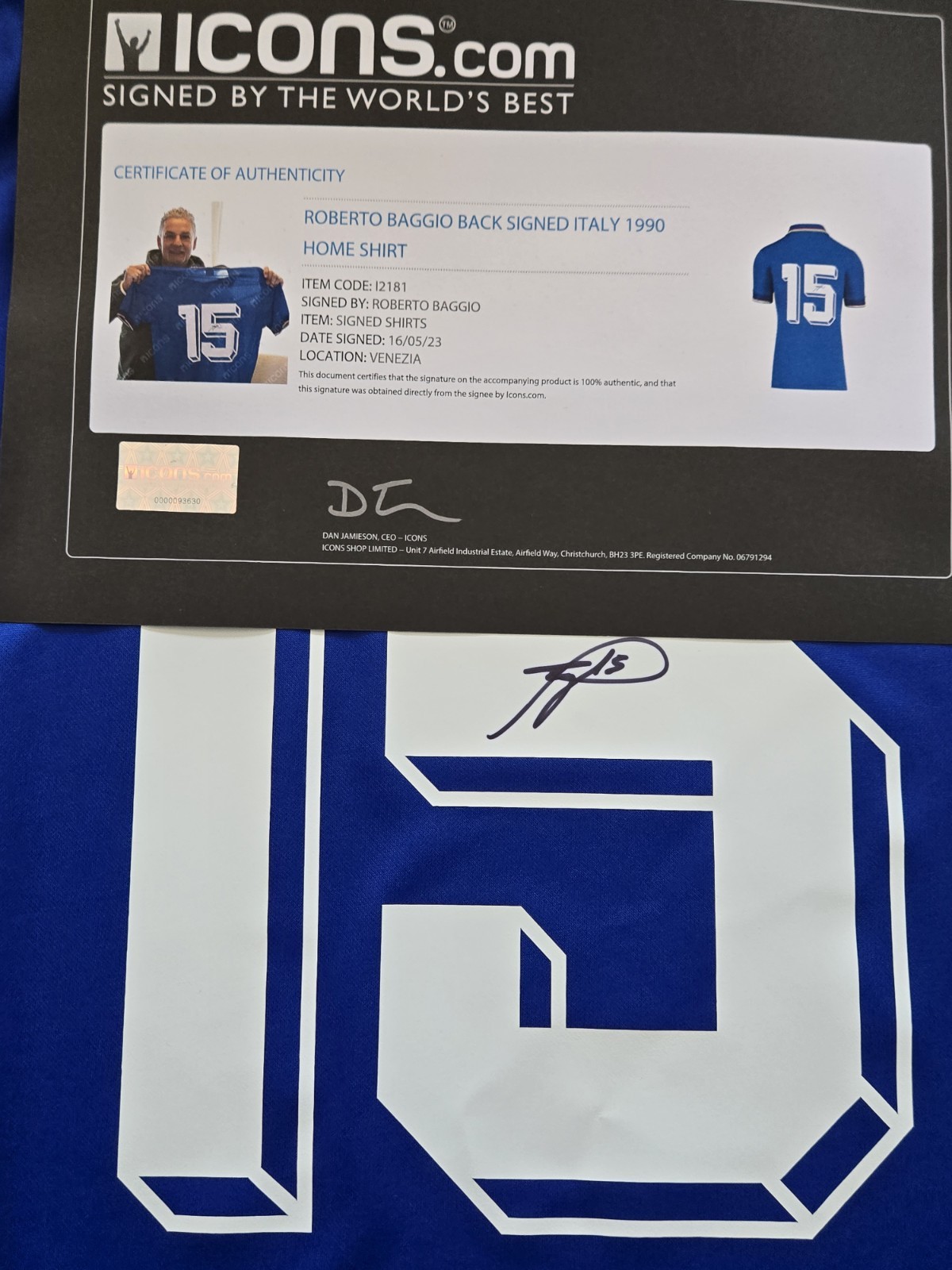 Roberto Baggio Signed 1990 Signed Back Italy #15 Home Jersey Icons Certified