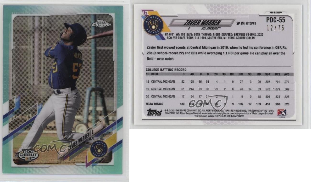 2021 Topps Pro Debut Chrome Aqua Refractor /75 Zavier Warren #PDC-55 0x36