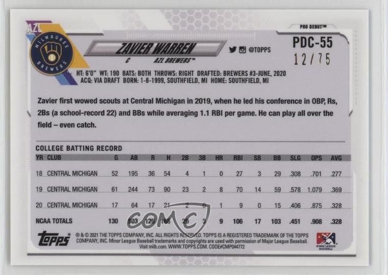 2021 Topps Pro Debut Chrome Aqua Refractor /75 Zavier Warren #PDC-55 0x36