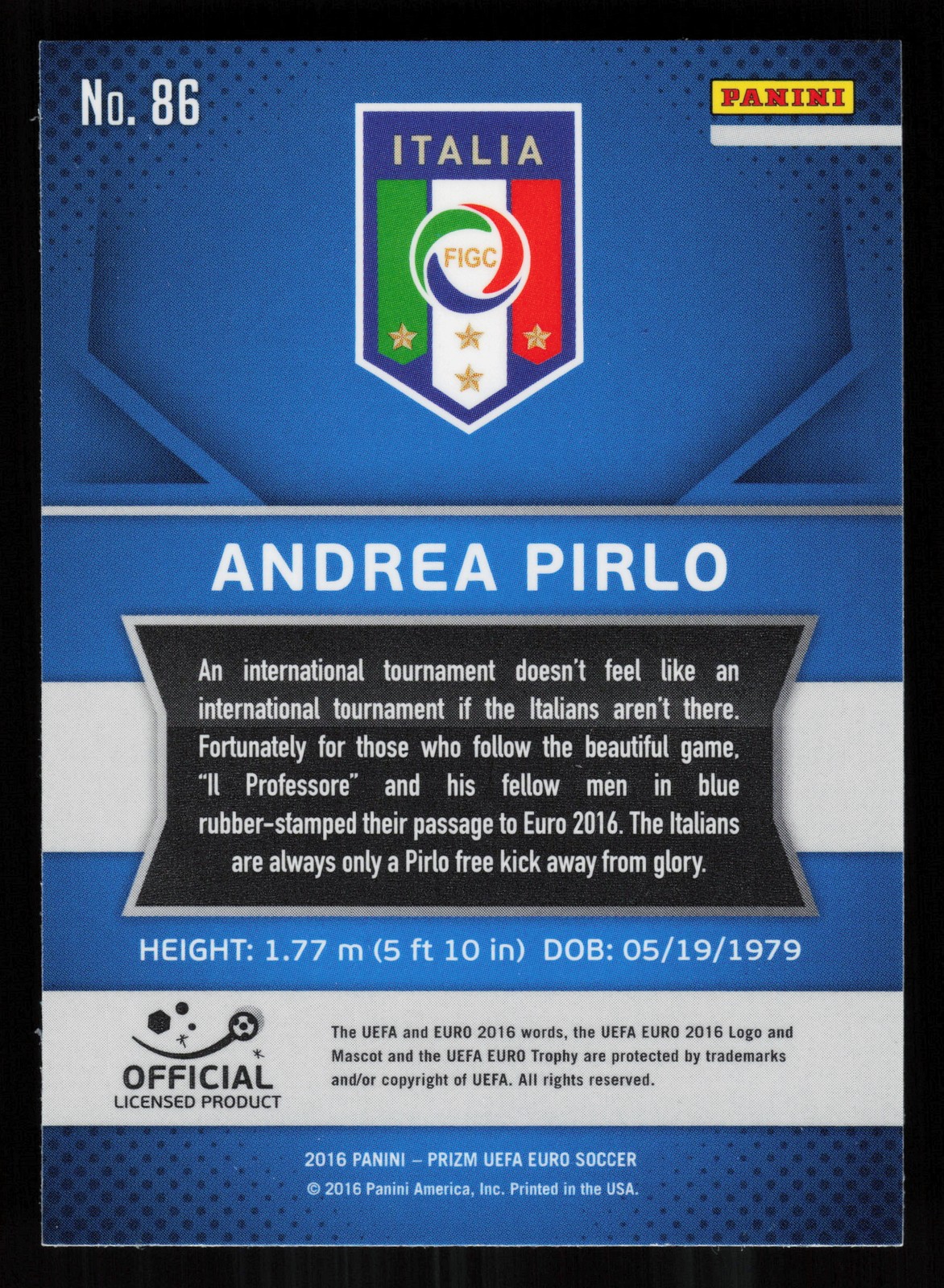2016 Panini Prizm UEFA Euro #86 Andrea Pirlo – Italy Soccer Card