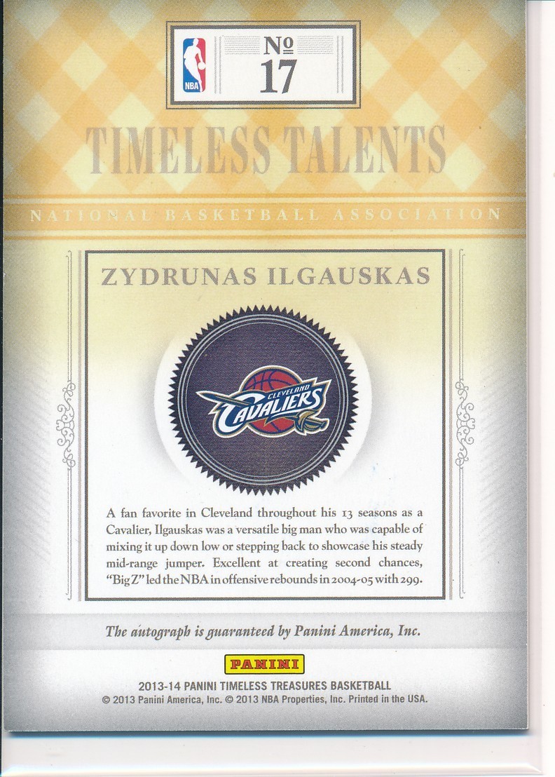 2013-14 Timeless Treasures Timeless Talents Autographs Zydrunas Ilgauskas