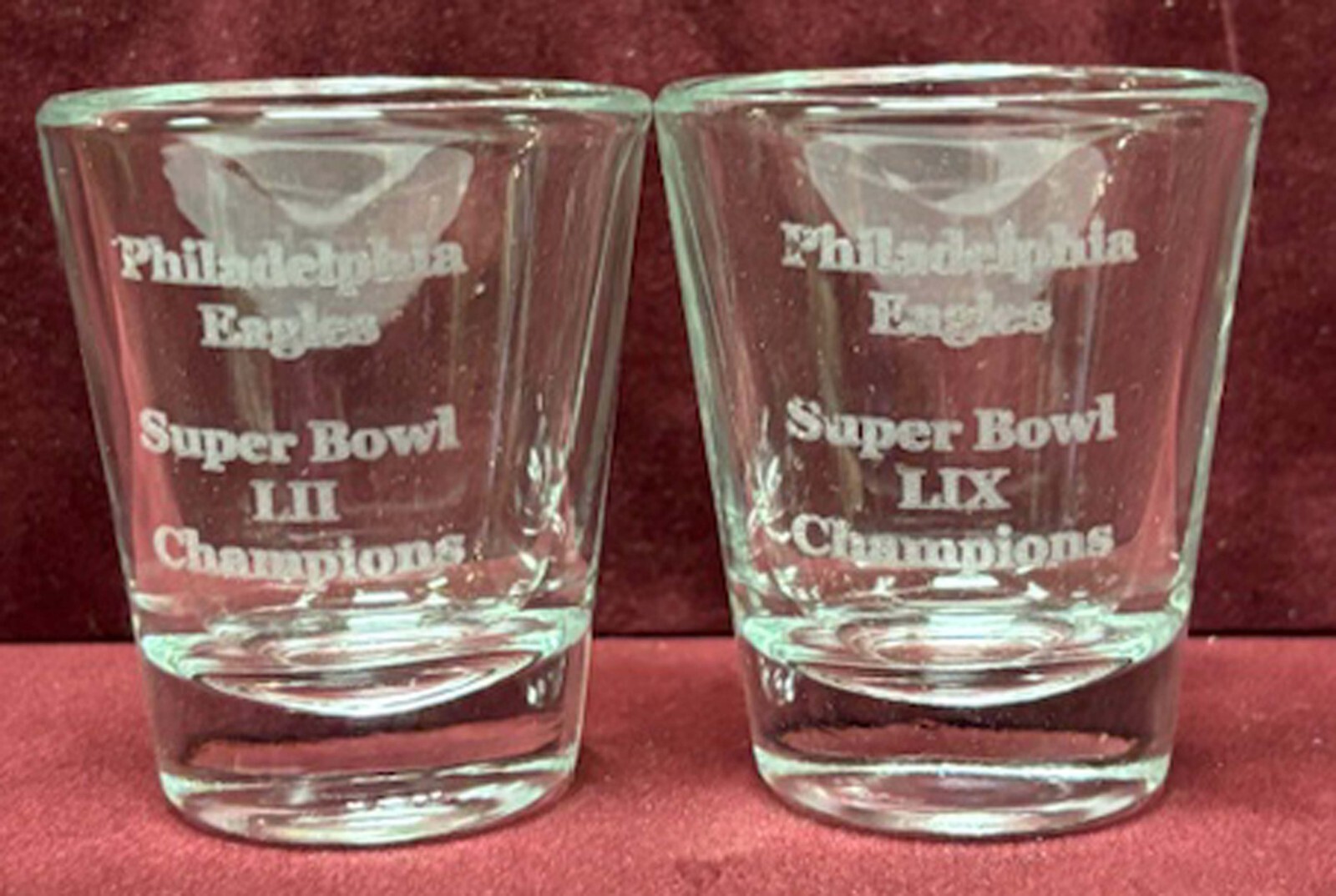 PHILADELPHIA EAGLES SET OF 2 SUPER BOWL LIX & LII CHAMPIONS 2 OZ SHOT GLASSES