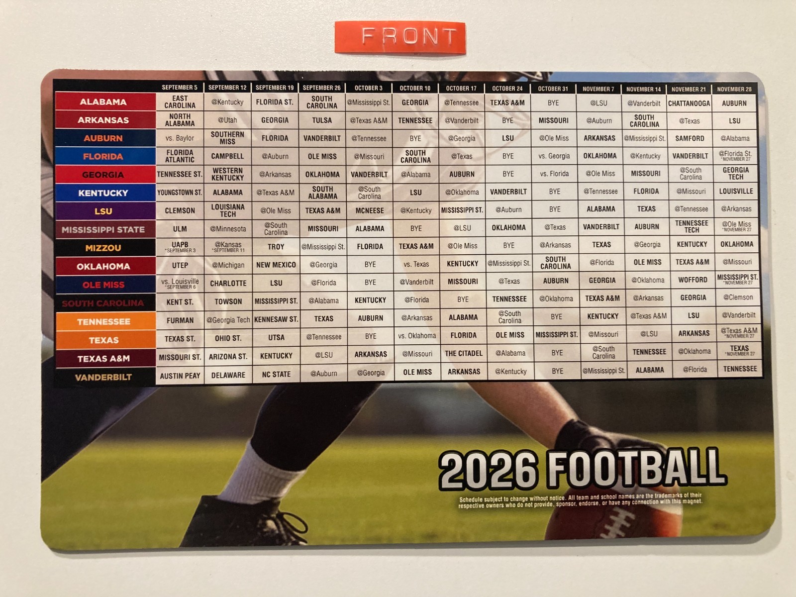 2025 SEC COLLEGE FOOTBALL SCHEDULE ALL 16 TEAMS, DATES & TEAMS PLAYED 8″ X 5″