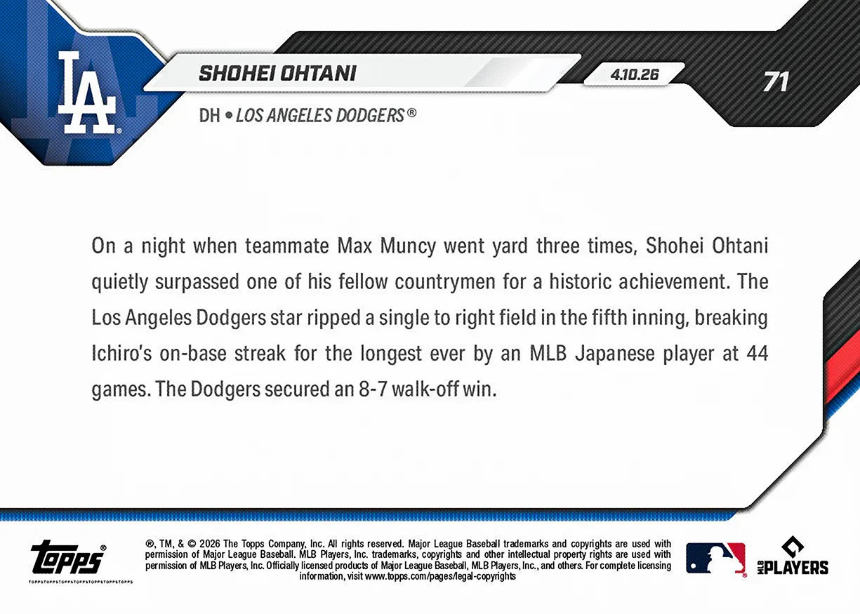 2026 Topps Now #71 • Shohei Ohtani • Longest On-Base Streak by Japanese Player