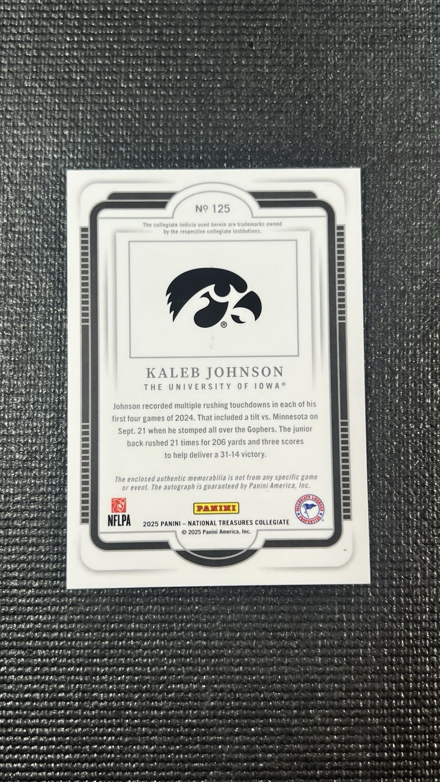Panini 2025 Natl Treasures Collegiate Kaleb Johnson RC Auto Patch #125 /49