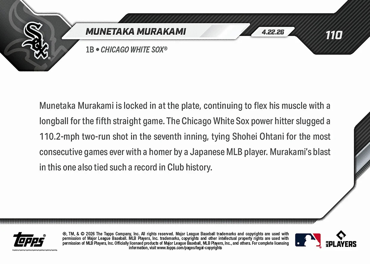 2026 Topps Now #110 • Munetaka Murakami RC • 5th Straight Game With HR White Sox