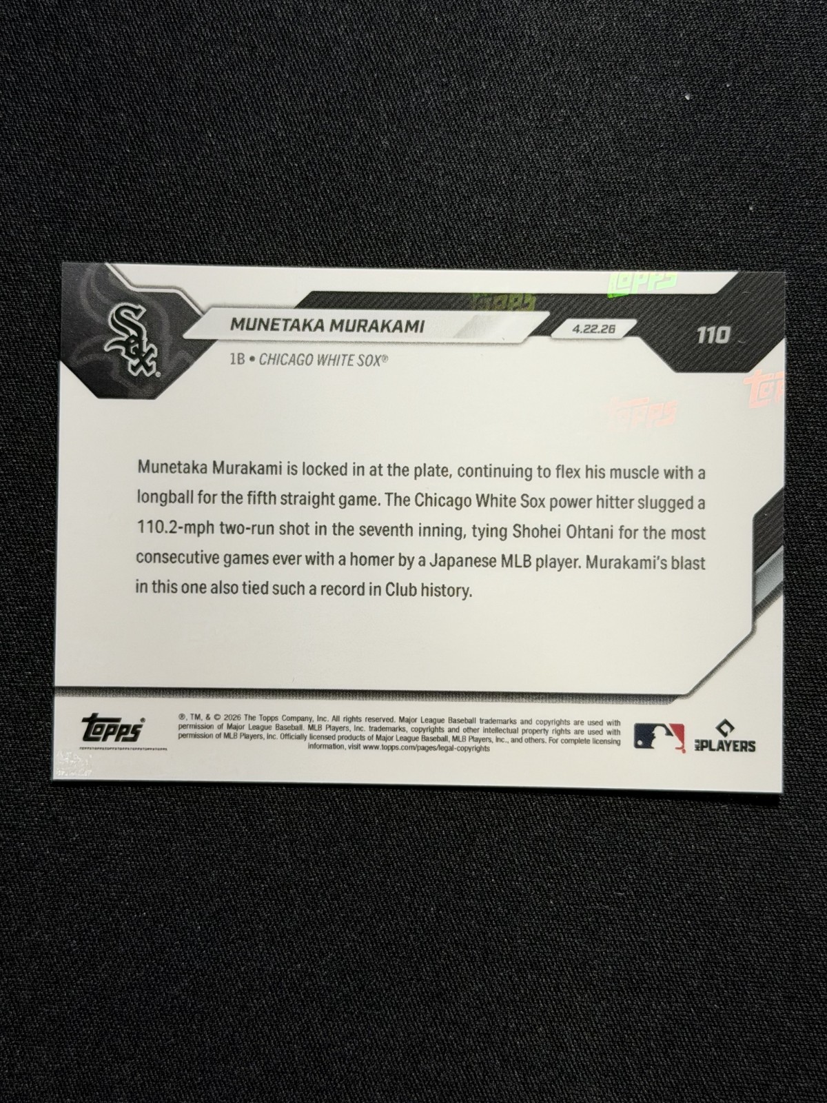 2026 Topps Now #110 • Munetaka Murakami RC • 5th Straight Game With HR White Sox