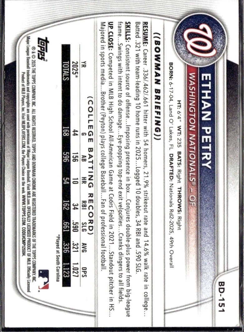 2025 Bowman Draft Paper 1st Ethan Petry Nationals BD-151 5 card lot