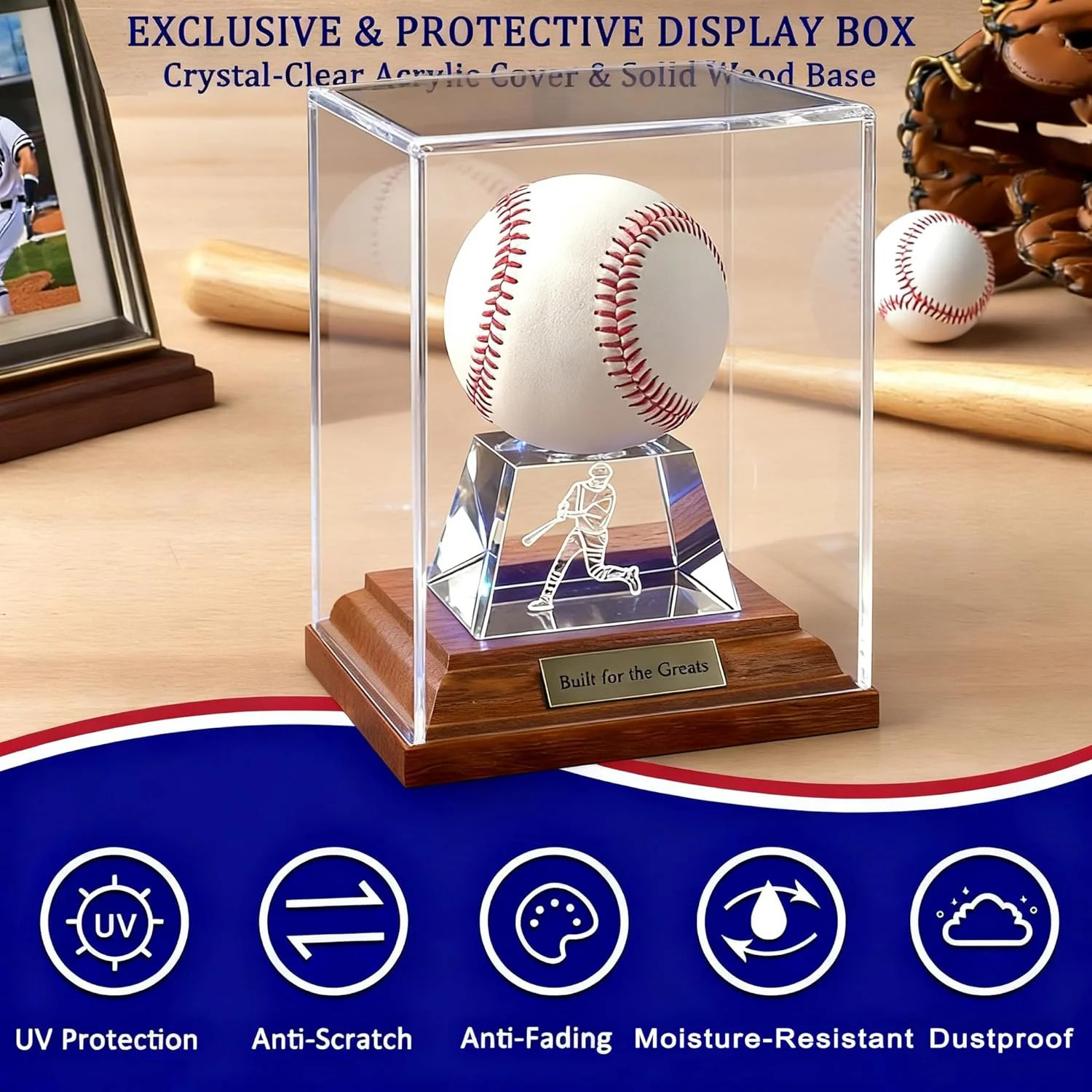 Baseball Display Case, Baseball Display Stand with LED Lights, Wooden Stand and