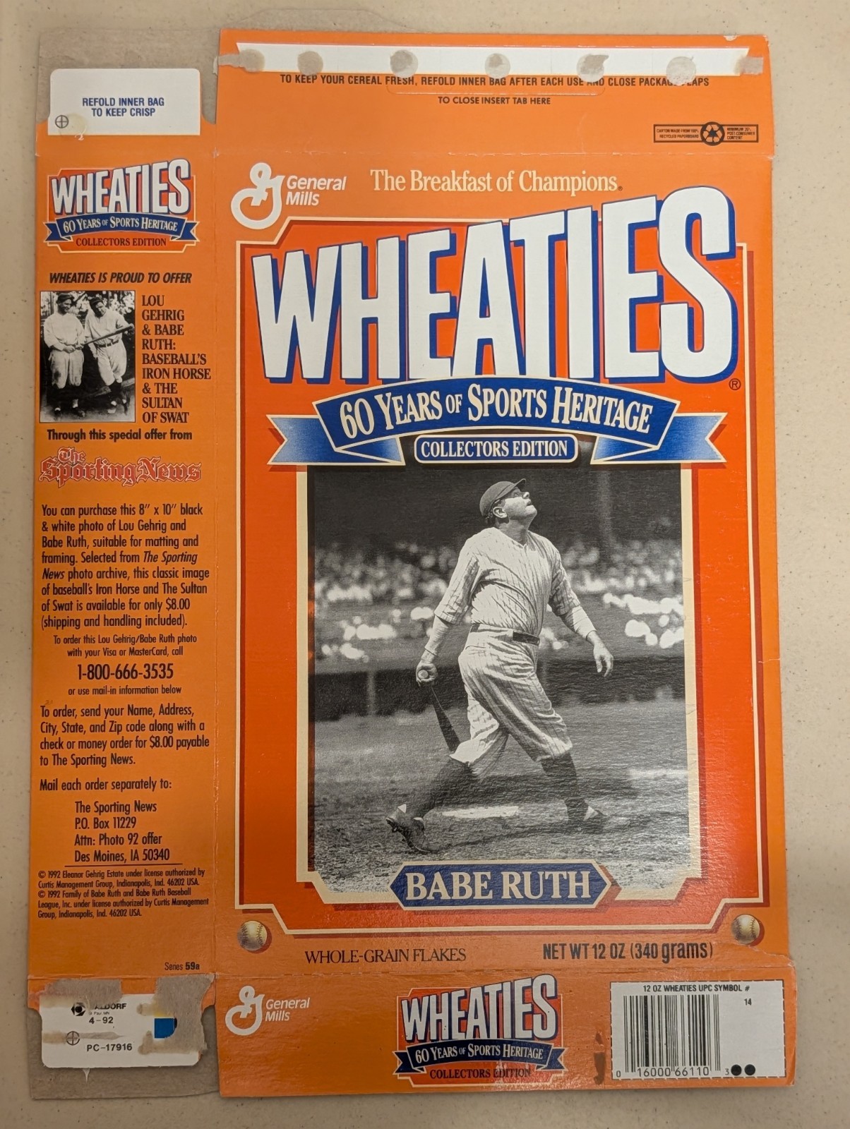 Wheaties Babe Ruth 60 Years Of Sports Empty Cereal Box Flat – VINTAGE! ⚾