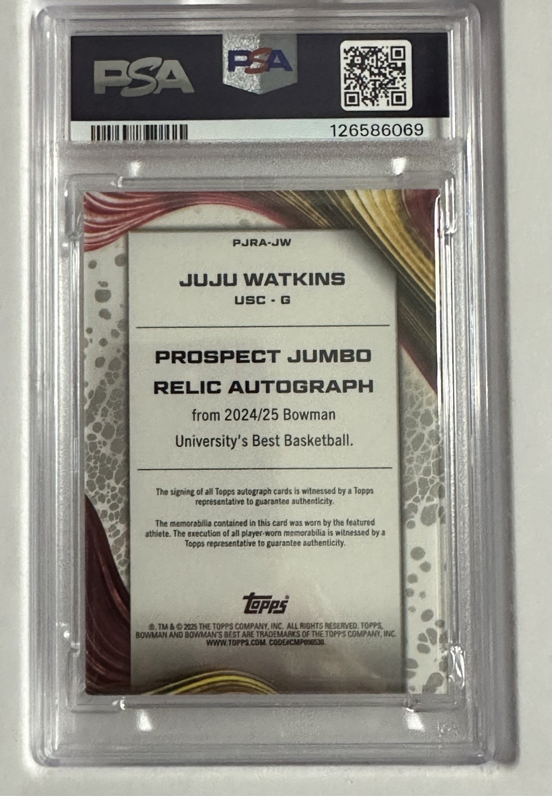 2024 Juju Watkins Bowman University Best Prospect Jumbo Relic Auto /75 PSA 9
