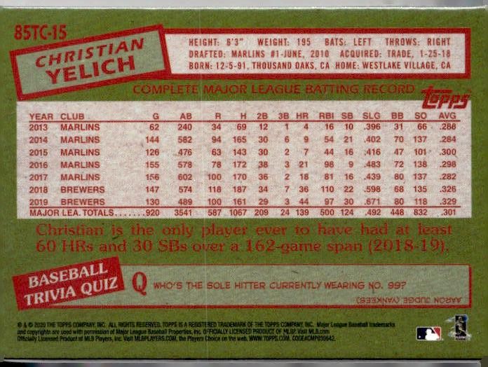 2020 Topps Chrome #85TC-15 Christian Yelich 1985 Topps Baseball