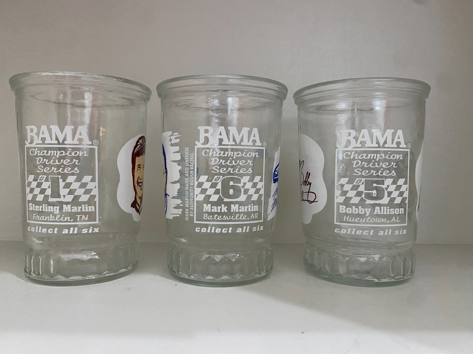 3 BAMA Nascar Drivers Series Jelly Glasses Marlin Martin Allison