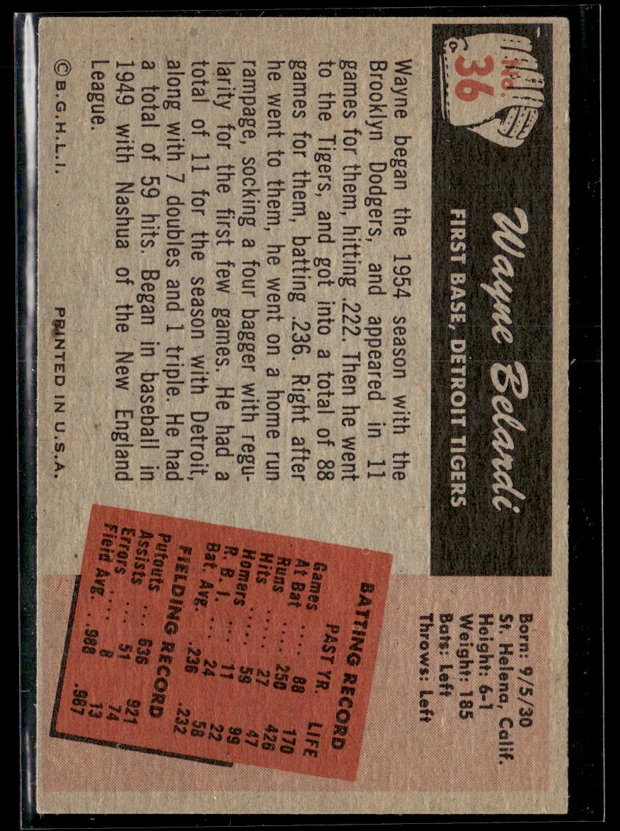 1955 Bowman Wayne Belardi Rookie Detroit Tigers #36