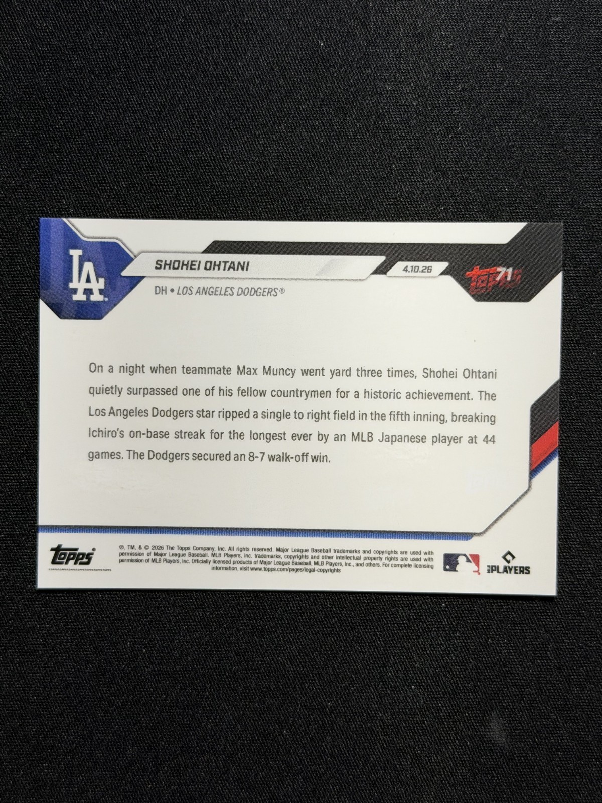 2026 Topps Now #71 • Shohei Ohtani • Longest On-Base Streak by Japanese Player