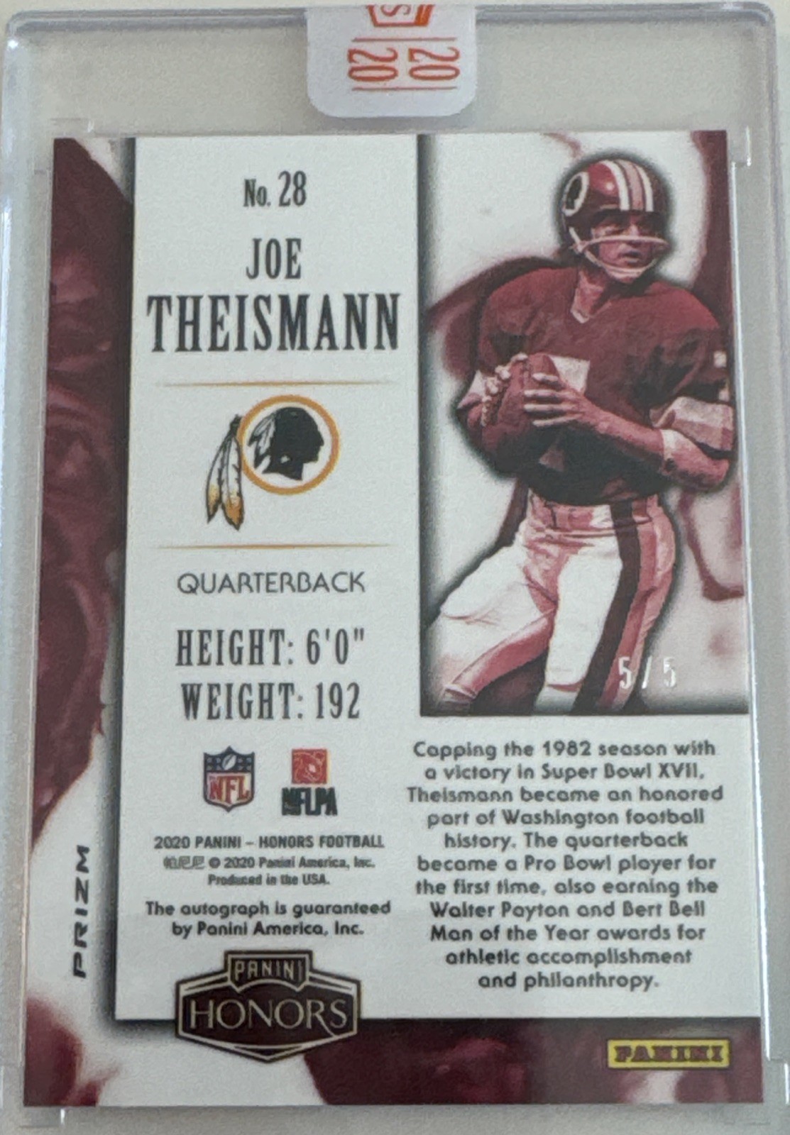 Joe Theismann 2020 Panini Honors Football Purple Prizm AUTO Sealed 5/5 SSP