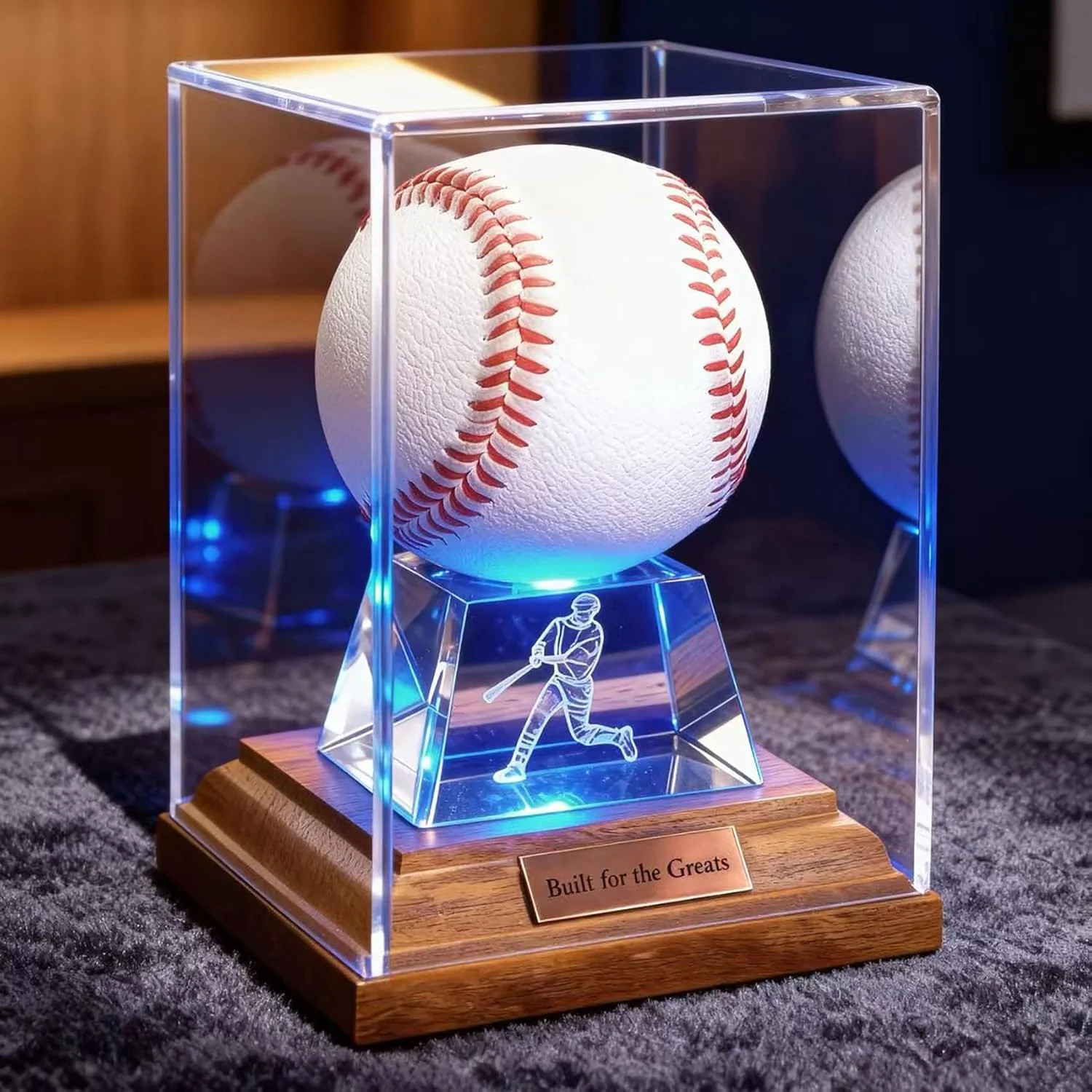 Baseball Display Case, Baseball Display Stand with LED Lights, Wooden Stand and