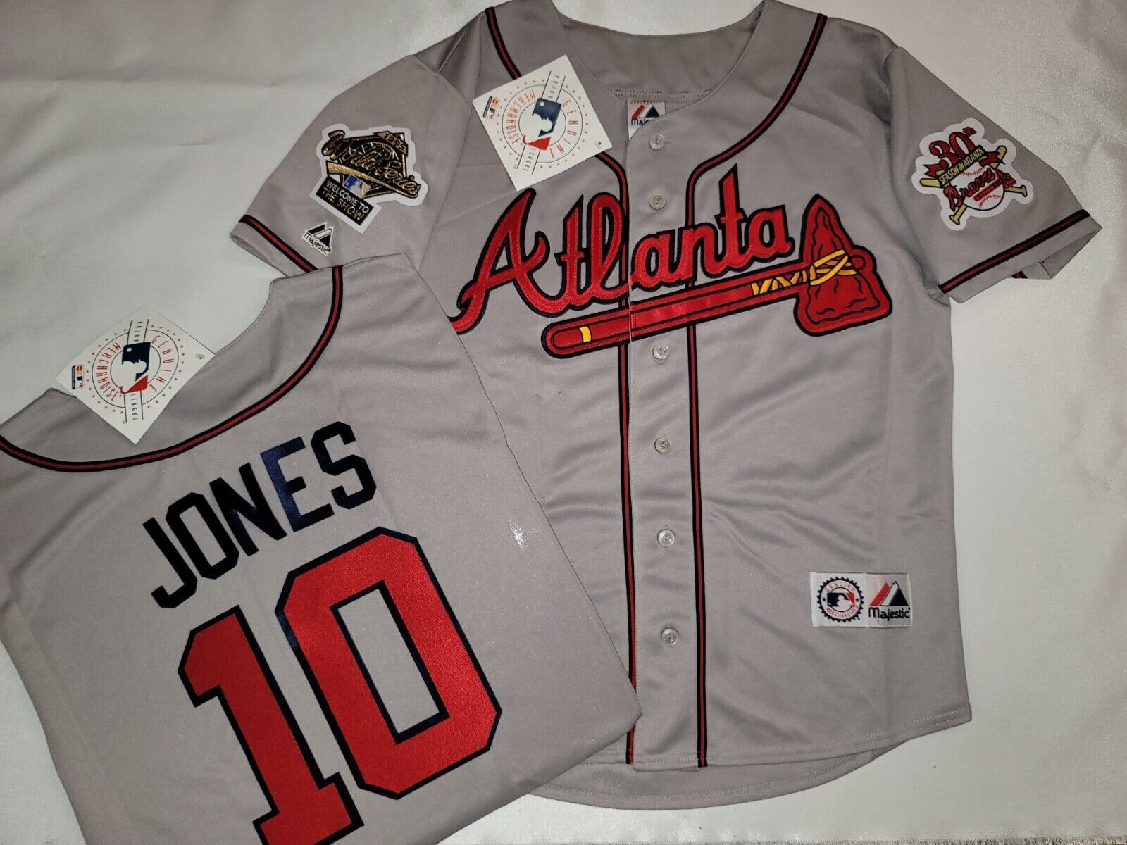 Majestic 1995 Atlanta Braves CHIPPER JONES World Series Baseball JERSEY WHT GRAY