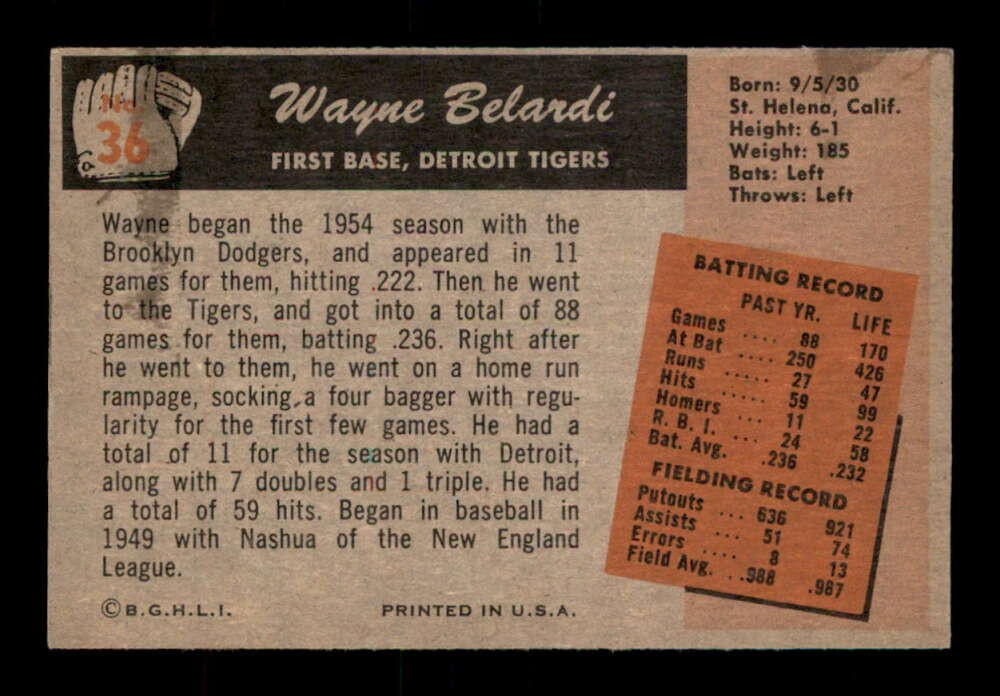 1955 Bowman #36 Wayne Belardi RC NM/NM+ X3055210
