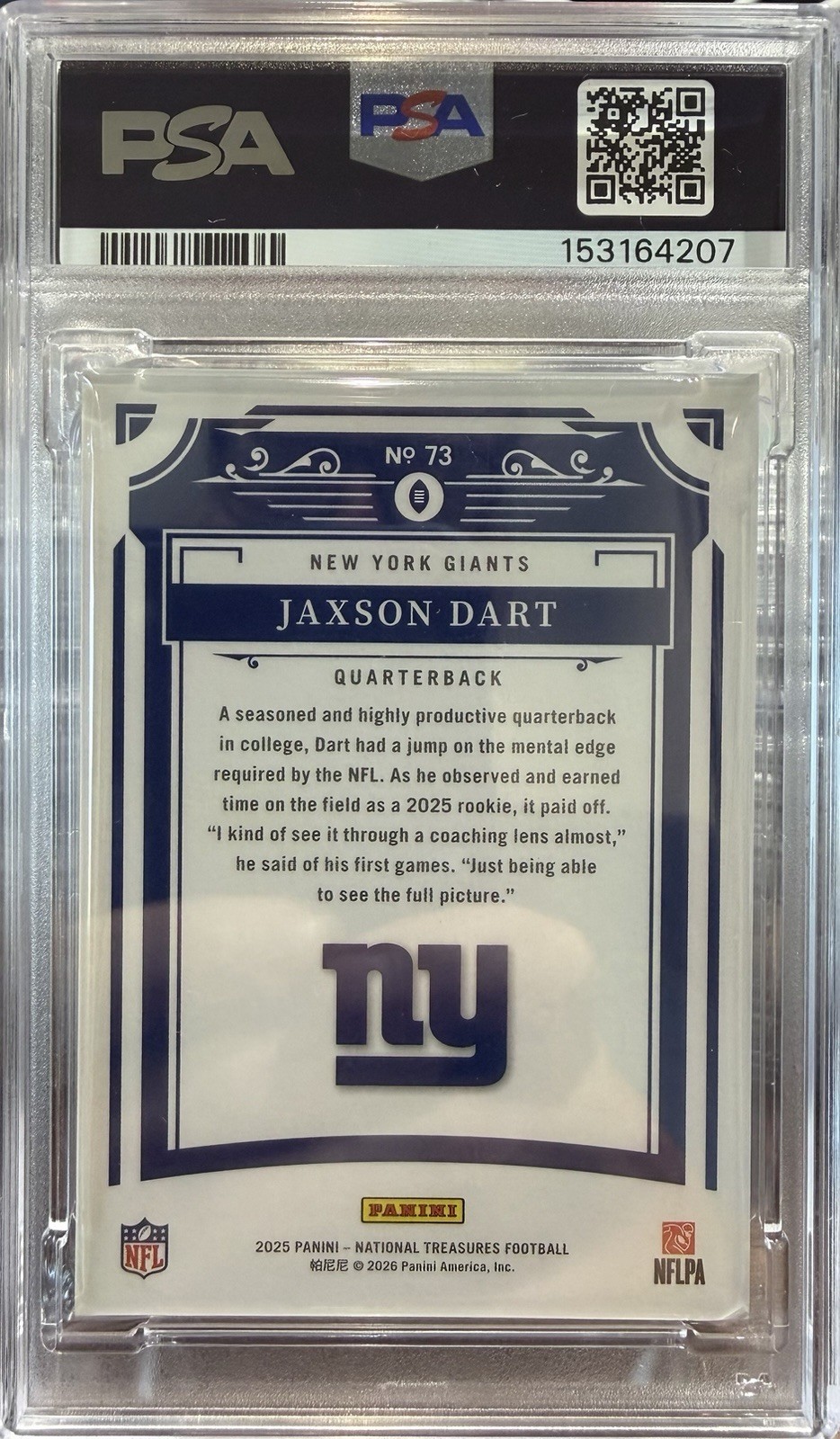 2025 Panini National Treasures – Jaxson Dart #73 Purple /75 (RC)