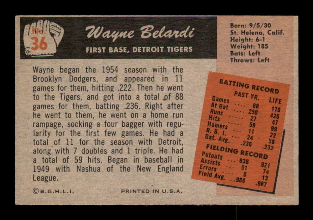 1955 Bowman #36 Wayne Belardi RC EXMT X3153981