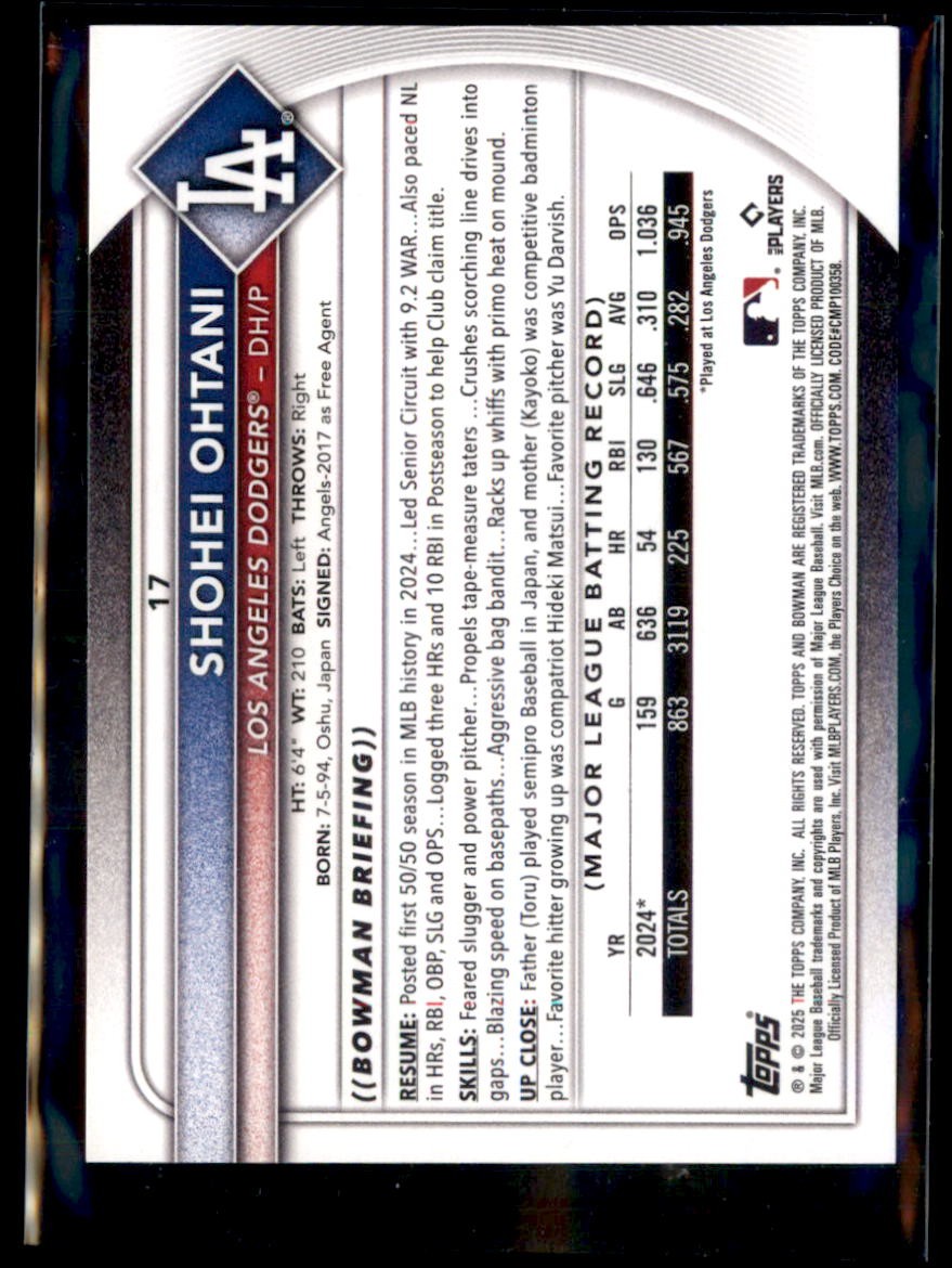 2025 Bowman Shohei Ohtani Los Angeles Dodgers #17 5 Card Lot