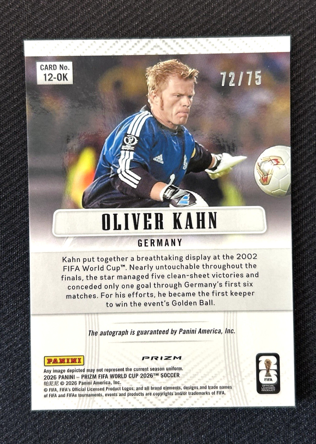 Oliver Kahn Auto /75 2026 Prizm World Cup 2012 Throwback Signatures Silver