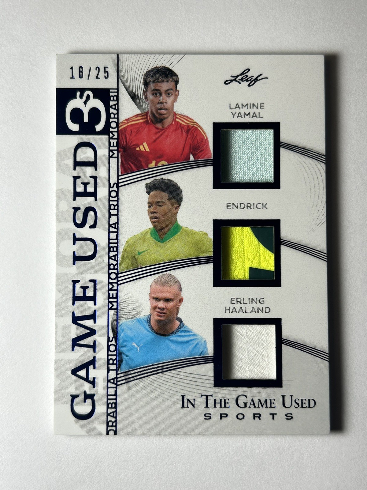 2025 Game Used Memorabilia Trios Lamine Yamal Endrick Erling Haaland Leaf /25