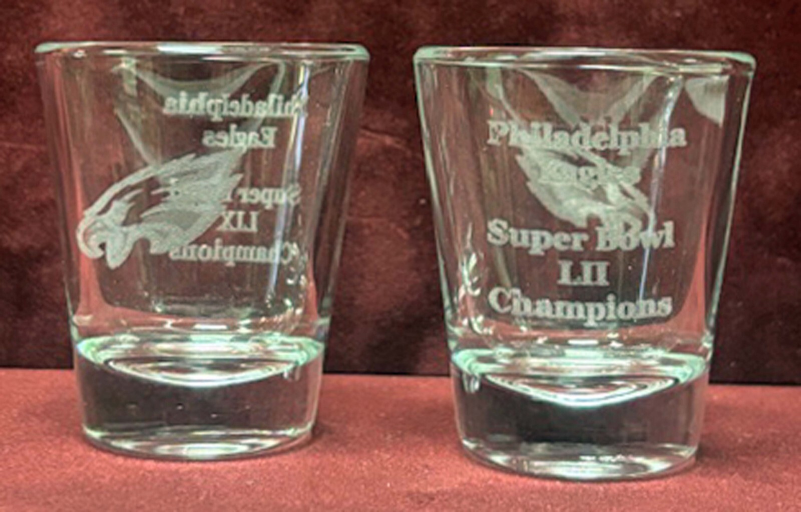 PHILADELPHIA EAGLES SET OF 2 SUPER BOWL LIX & LII CHAMPIONS 2 OZ SHOT GLASSES