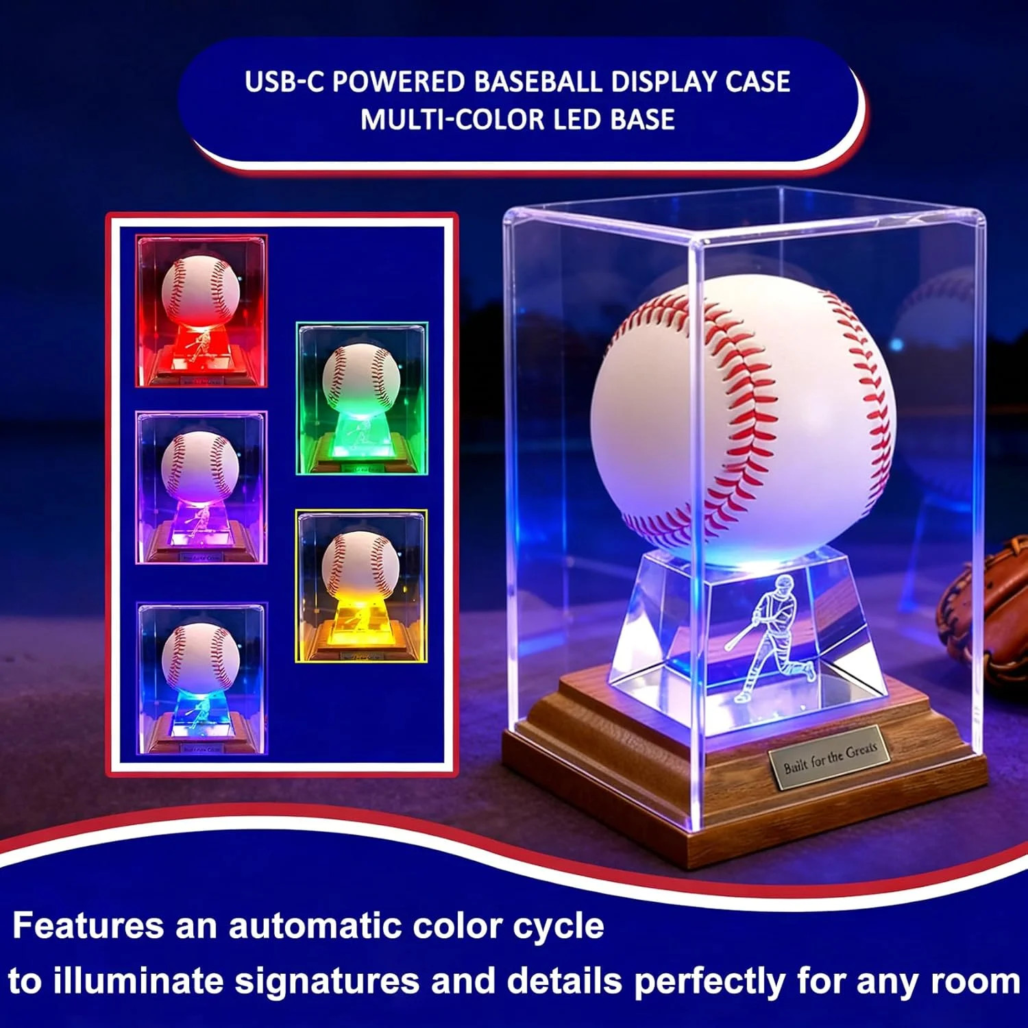 Baseball Display Case, Baseball Display Stand with LED Lights, Wooden Stand and