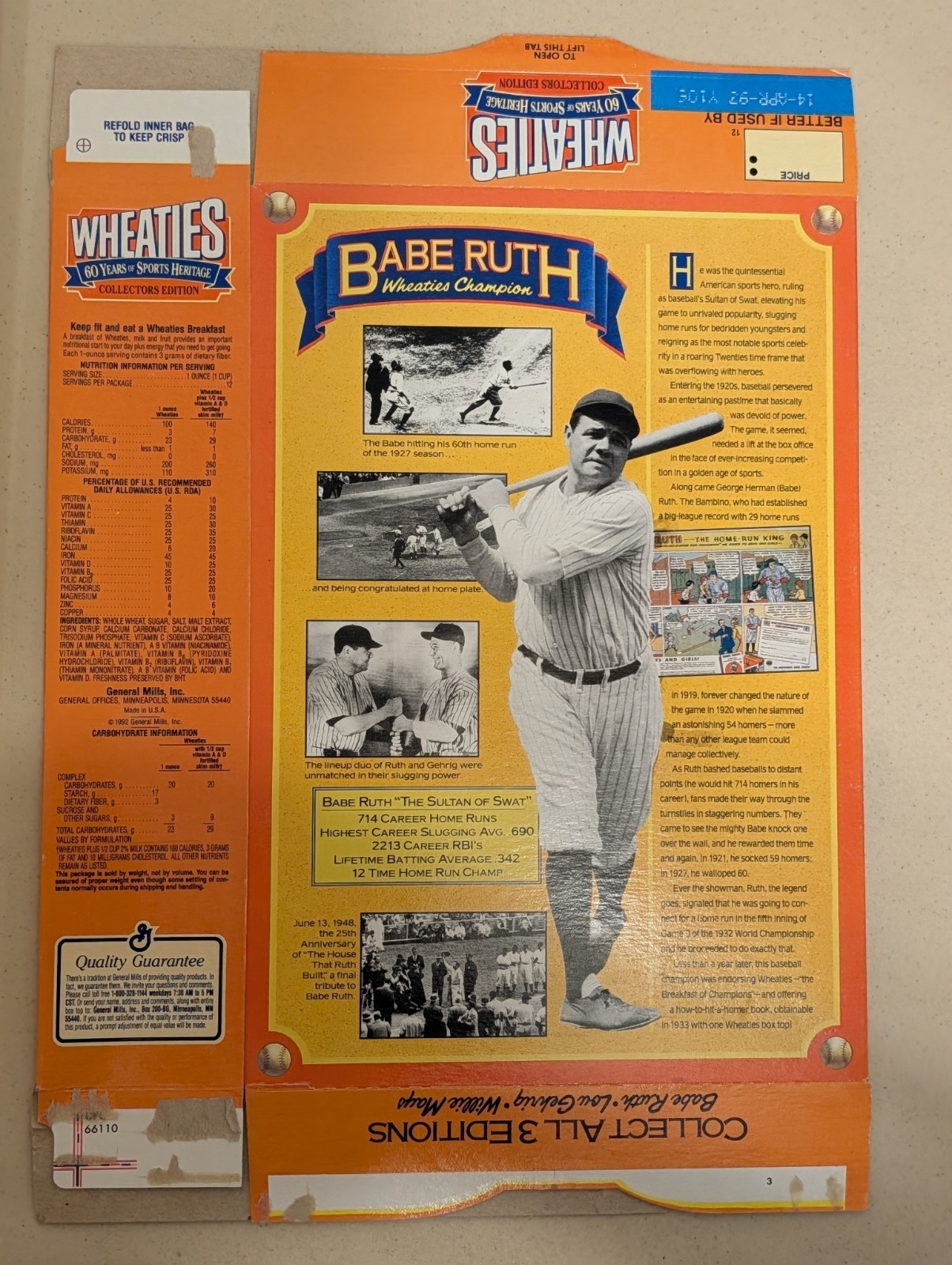 Wheaties Babe Ruth 60 Years Of Sports Empty Cereal Box Flat – VINTAGE! ⚾